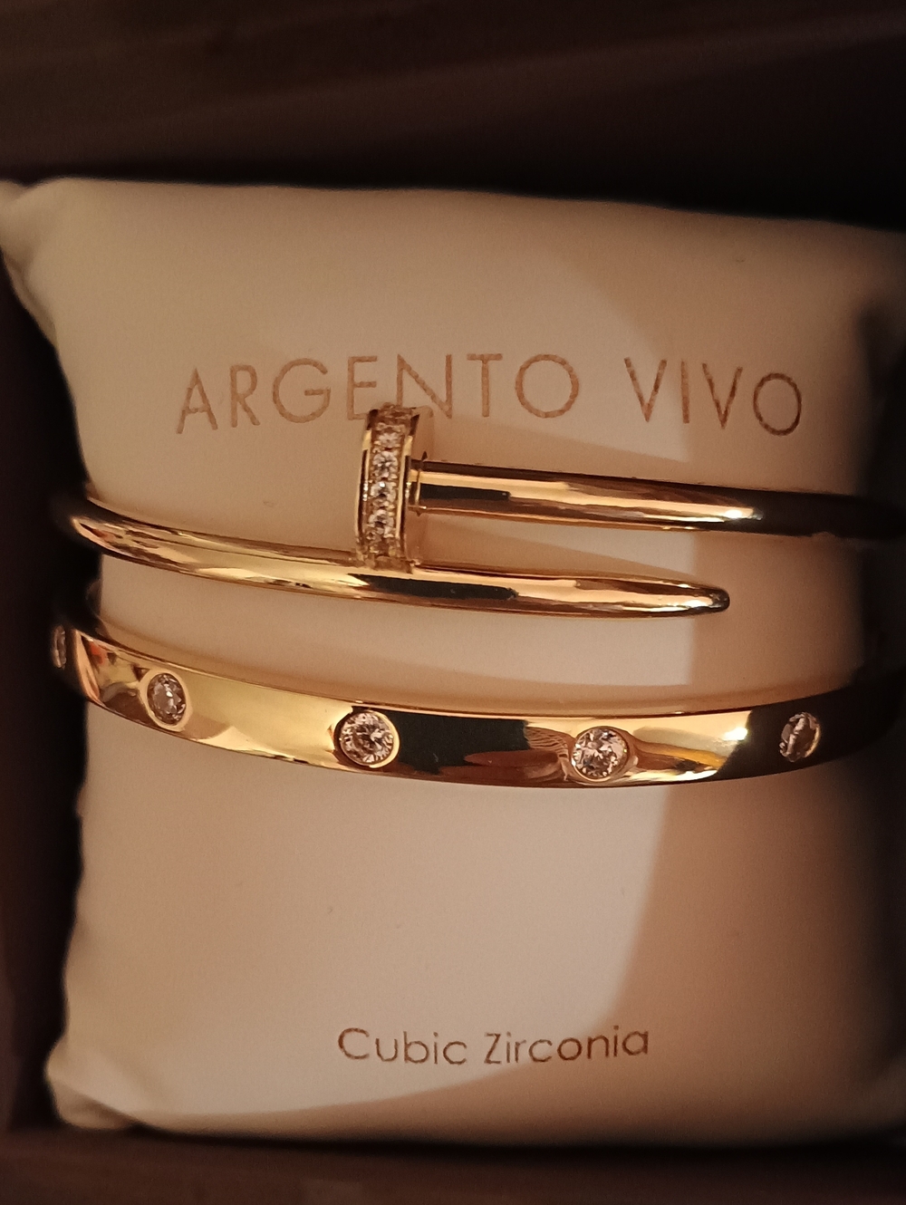 NWT Argento Vivo Gold Clou Nail & CZ Bangle Bracelet Stack Set.
